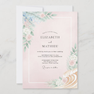 Rosa Immergrün-Ranunkel-Eukalyptus-Hochzeit Einladung