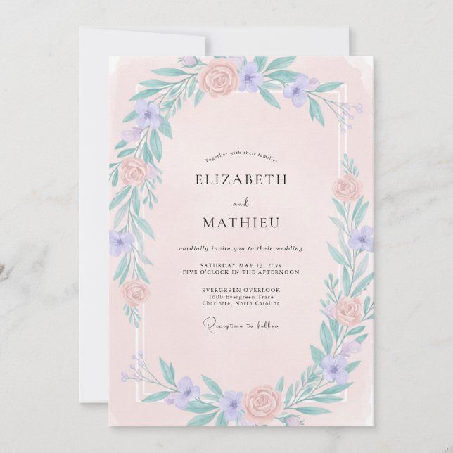 Rosa Immergrün-Wildblumen-Hochzeit Einladung (Vorderseite)