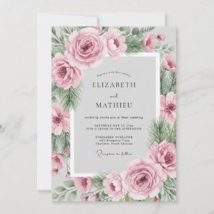 Rosa Immergrüne Winterhochzeit Einladung