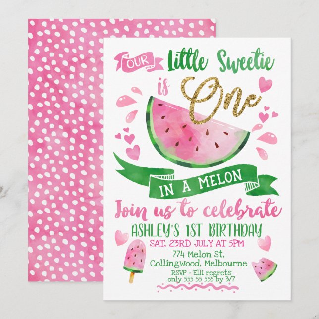 Rosa in einem Melon Thema 1. Geburtstag Einladung (Vorne/Hinten)