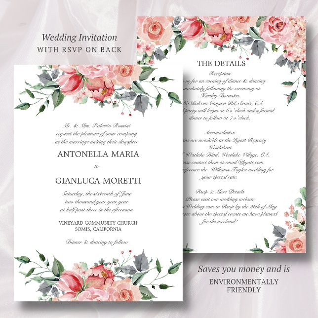 Rosa in einer Hochzeit Einladung mit UAWG (This wedding invitation with RSVP and Details saves you money and is environmentally friendly)