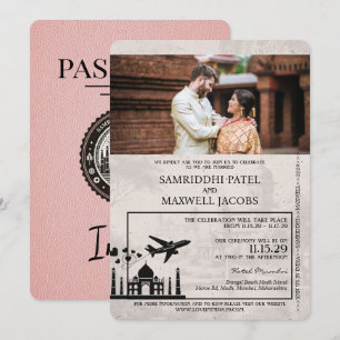 Rosa indisches Reisepass-Hochzeitseinladung Einladung
