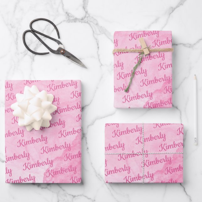 Rosa Individuelle Name Personalisiert Geschenkpapier Set (Vorderseite)