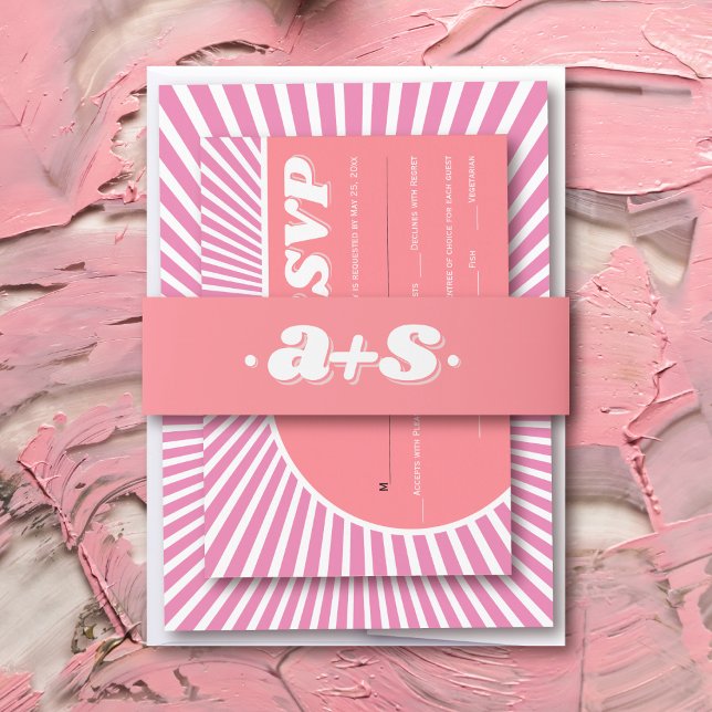 Rosa Initialen Retro Groovy 70er inspiriert Hochze Einladungsbanderole (Von Creator hochgeladen)