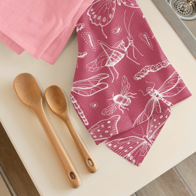 Rosa Insekten Bee Ladybug Butterfly Liebe Bug Geschirrtuch (Pink and White "Love Bug" Insects Kitchen Towel. Hand-drawn Butterflies, Bees, Dragonflies, & More!)