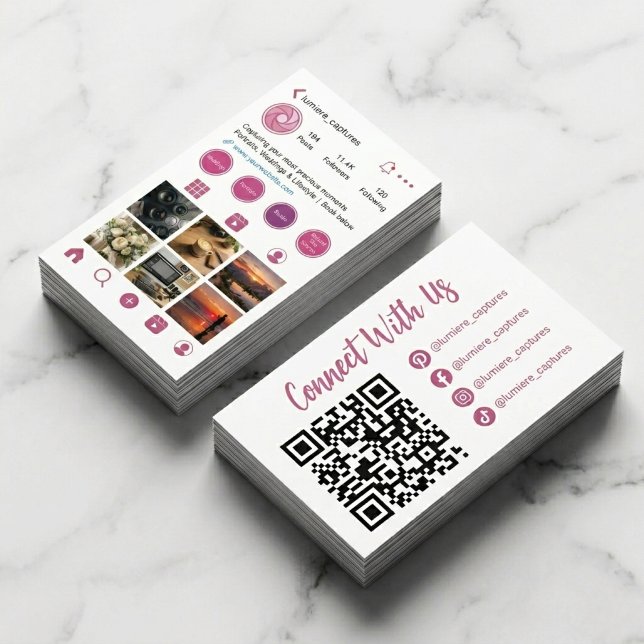 Rosa Instagram Style Foto Raster QR Code Visitenkarte (Creative Instagram Profile Business Card for Photographers & Visual Creators)