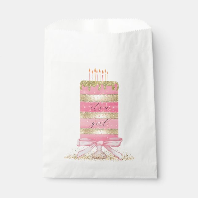 Rosa "It's a Girl" Kuchen mit Bow Geschenktütchen (Vorderseite)