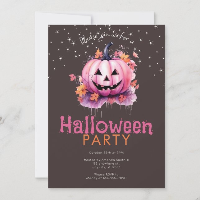 Rosa Jack-O' Lantern Blätter Sterne Halloween-Part Einladung (Vorderseite)