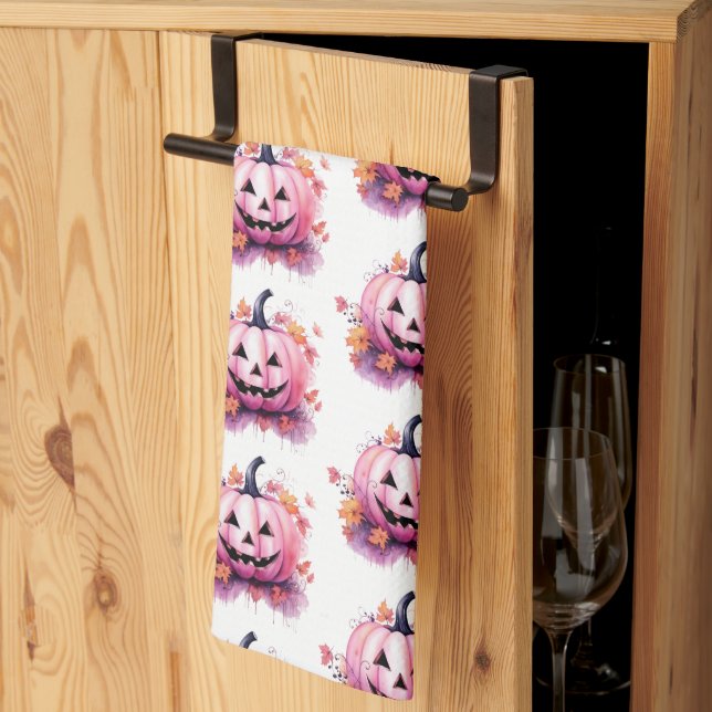 Rosa Jack-O' Lantern Orange Blätter Weißes Hallowe Geschirrtuch (Drittel gefaltet)