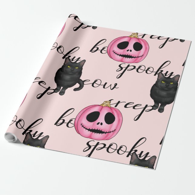 Rosa Jack-O-Laterne und schwarze Katze Geschenkpapier (Ungerollt)