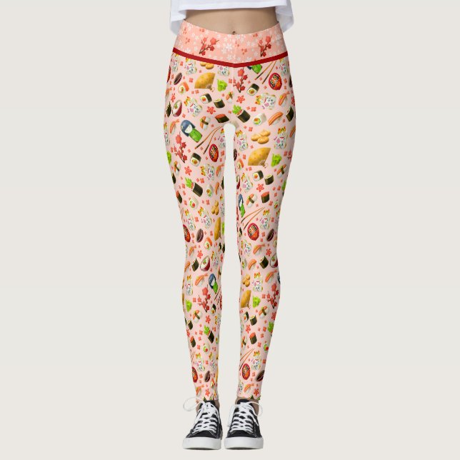 Rosa Japanisch Maneki Neko Cat und Sushi Leggings (Vorderseite)