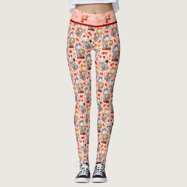 Rosa Japanisch Maneki Neko Cat und Sushi Leggings (Vorderseite)