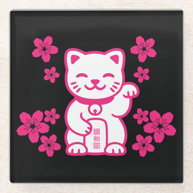 Rosa Japanisch Maneki-neko Glasuntersetzer (Vorderseite)