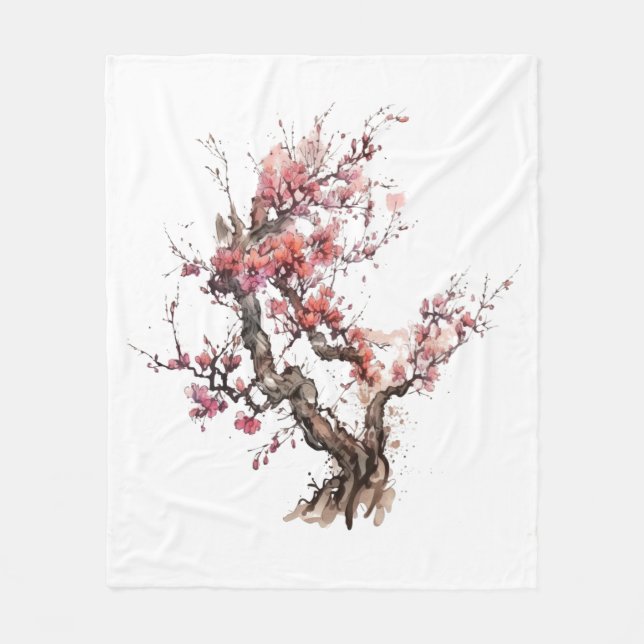 Rosa Japanisch Sakura Kirschblossom Wasserfarbe Fleecedecke (Vorderseite)