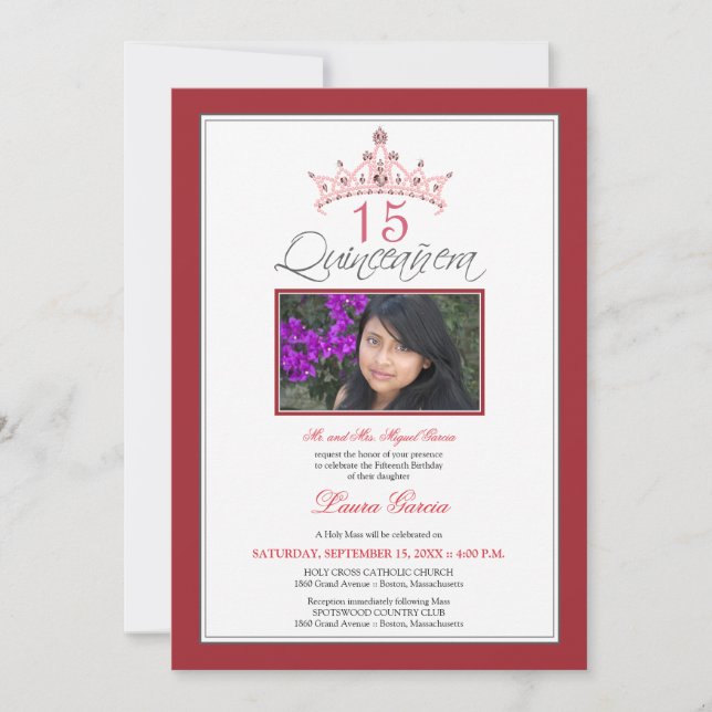 Rosa Jeweled Tiara Quinceanera Invitation (rot) Einladung (Vorderseite)