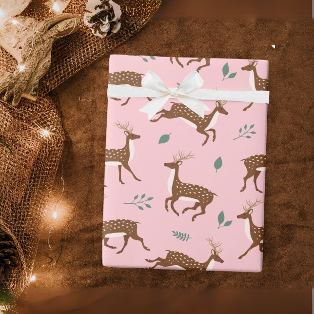 Rosa Jumping Deer und Blätter Geschenkpapier (Pink Jumping Deer and leaves Wrapping Paper)