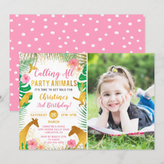 Rosa Jungle Animals Safari Girls Foto Geburtstag Einladung