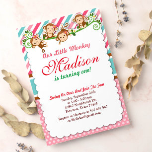 Rosa Jungle Monkey Safari Tier Geburtstag Einladung