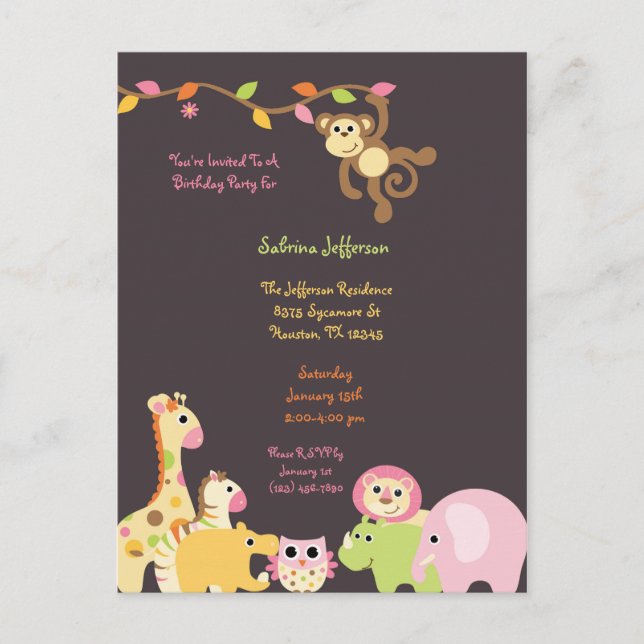 Rosa Jungle Safari Geburtstag Einladung Postkarte (Vorderseite)