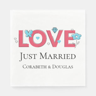 Rosa Just Married Hochzeit Blaue Blume Herzen Serviette