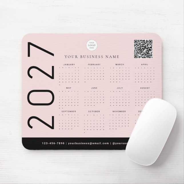 Rosa Kalender 2027 Business Logo QR Code Mousepad (Mit Mouse)