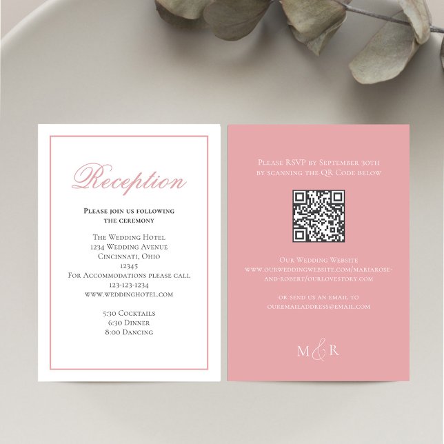 Rosa Kalligrafie Script Empfang UAWG Begleitkarte (Blush pink reception card with a scannable QR Code template. )