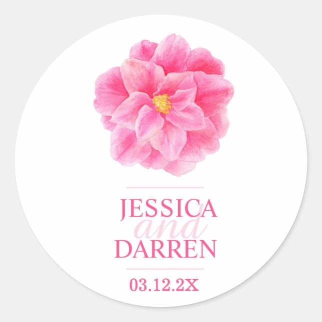 Rosa Kamelie Blume Hochzeitsticker Runder Aufkleber (Vorderseite)