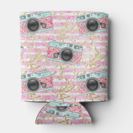 Rosa Kameras auf gestreiftem Hintergrund können Kü Dosenkühler