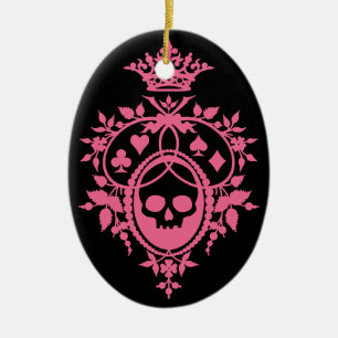 Rosa Kamm mit Totenkopf und Kartensymbolen Keramik Ornament