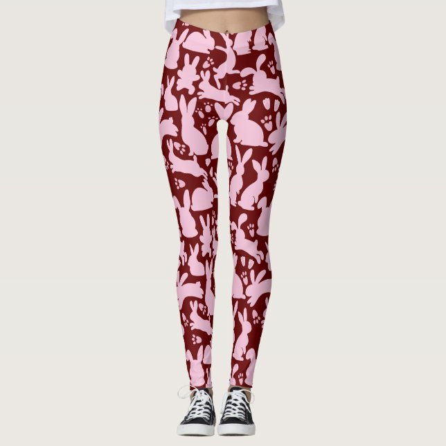 Rosa Kaninchen Muster D Rot Leggings (Vorderseite)
