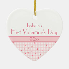 Rosa Kariert Hearts Baby Foto Erster Valentinstag Keramik Ornament