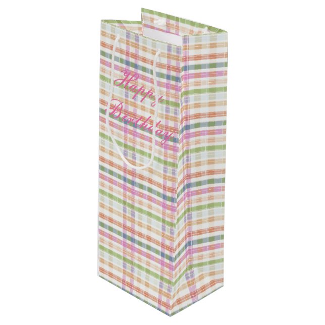 Rosa Kariert mit Blau Geschenktüte Für Weinflaschen (Vorderseite Schrägansicht)