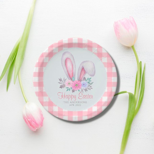 Rosa Karierte Aquarellfarbe Blumengeblümte Ostern Pappteller (Von Creator hochgeladen)
