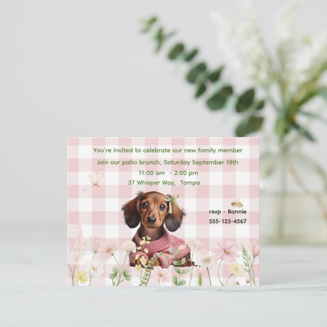 Rosa karierte Dachshund-Einladung Einladung (Stehend Vorderseite)