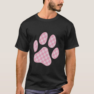 Rosa karierte Katze Hund Pfotenabdruck Schachbrett T-Shirt