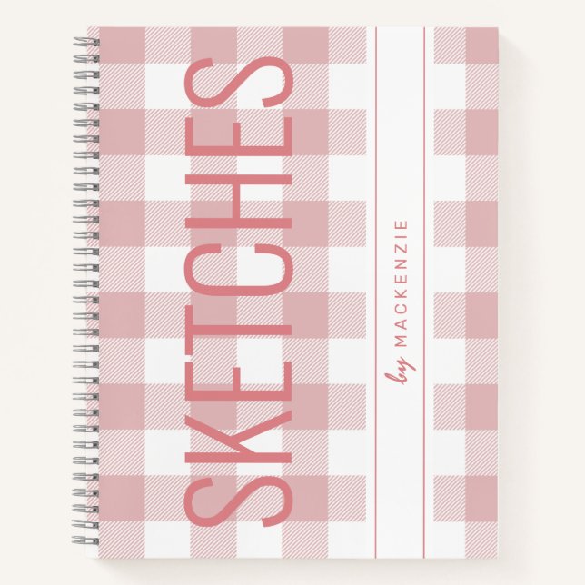 Rosa Karierte Skizze Buch Personalisierter Name (Vorderseite)