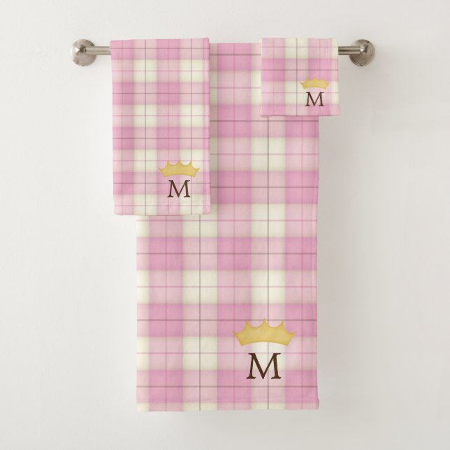 Rosa Karierte Tartan Crowned Monogram Princess Badhandtuch Set (Insitu)