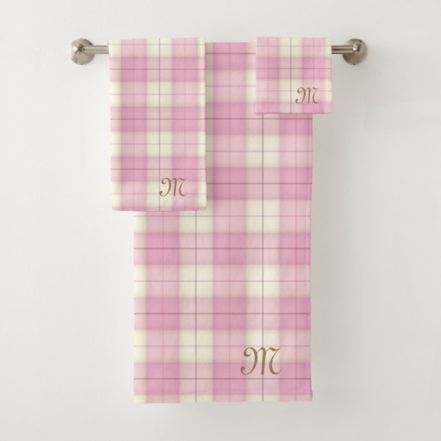 Rosa Karierte Tartan-Personalisierte Monogramm-Gir Badhandtuch Set (Insitu)