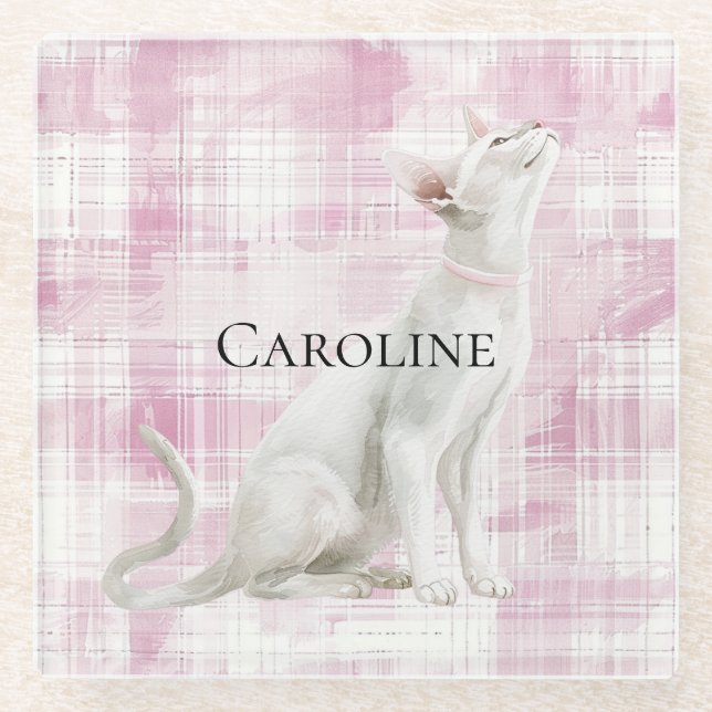 Rosa Karierte weiße Katze Glasuntersetzer (Vorderseite)