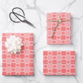 Rosa kariertes Blumenmuster Geschenkpapier Set
