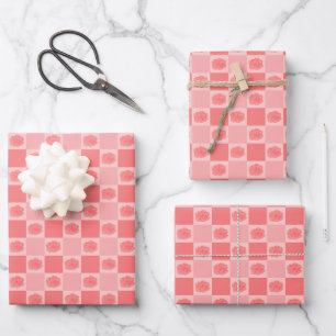 Rosa kariertes Blumenmuster Geschenkpapier Set