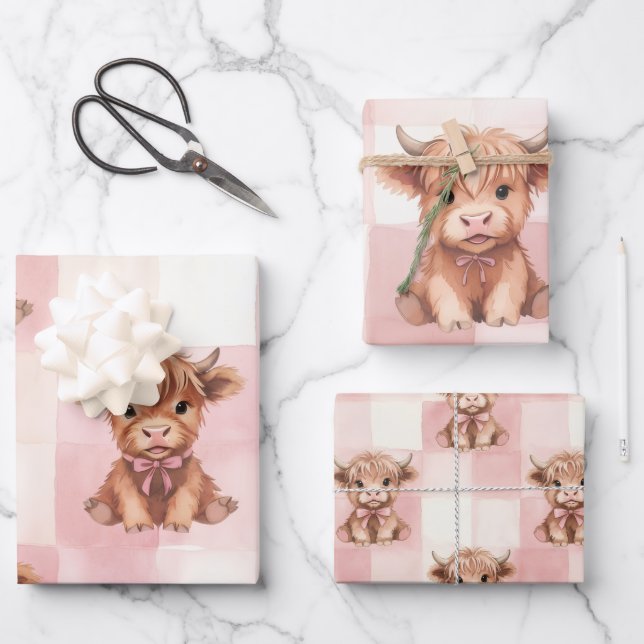Rosa kariertes Highland-Rind Geschenkpapier Set (Vorderseite)