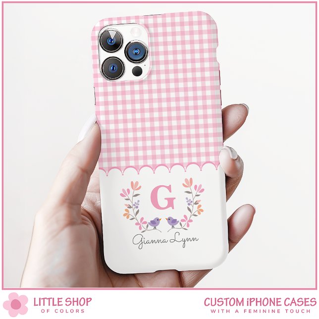 Rosa kariertes Monogramm mit Blumenmuster Case-Mate iPhone Hülle (Von Creator hochgeladen)
