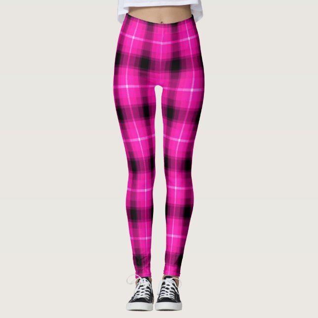 Rosa kariertes schwarzes Neonlicht Leggings (Vorderseite)