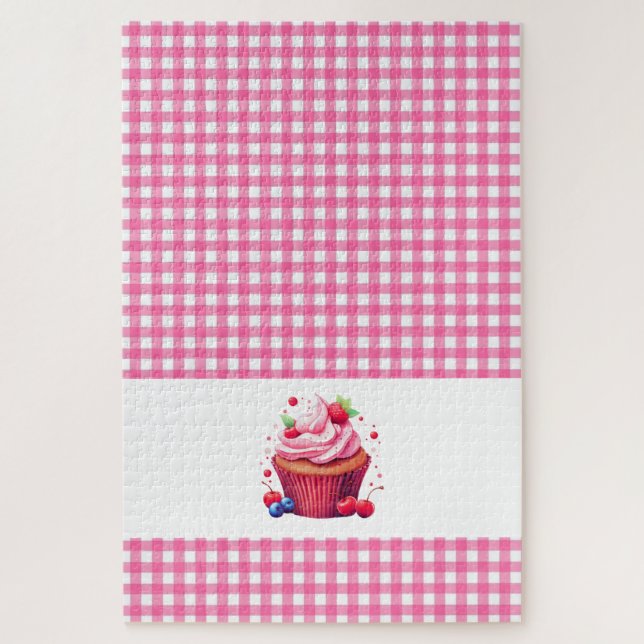 Rosa Karo Karierter Erdbeer Cupcake Puzzles (Vertikal)