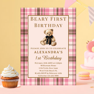Rosa Karo Vintage Beary Erstes Mädchen 1. Geburtst Einladung