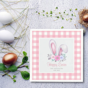 Rosa Karo-Wasserfarben-Blumen-Hasenohren-Ostern Serviette