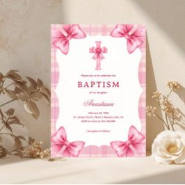 Rosa Karo Wasserfarben Schleifen & Kreuz Mädchen T Einladung