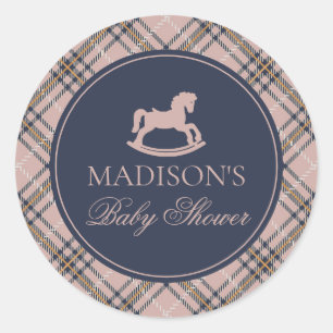 Rosa Karo-Wiegendes Pferd Baby Shower-Umschlagvers Runder Aufkleber
