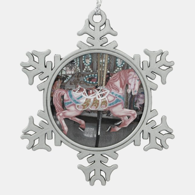 Rosa Karussellpferd Schneeflocken Zinn-Ornament (Vorderseite)
